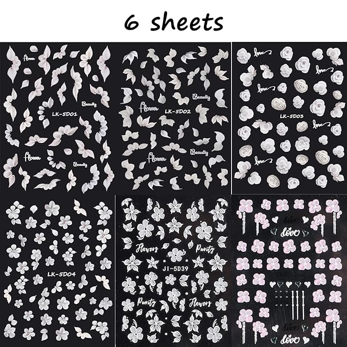 6 Sheets Flower Nail Stickers for Nail Art 5D Embossed Engraved Nails Decals 3D Spring Nails Supplies Accessories Self-Adhesive DIY Design Decoration for Women and Girls