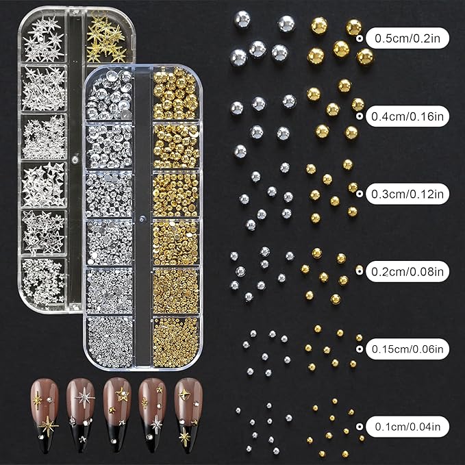 Gold Silver 3D Nail Charms, 2Boxes 24Grids Bow Star Nail Gems Nail Studs,Punk Metal Alloy Rivet Stickers Bowknot Nail Art Decorations Accessories for Nail Art Design DIY Crafts (Gold Silver E-)