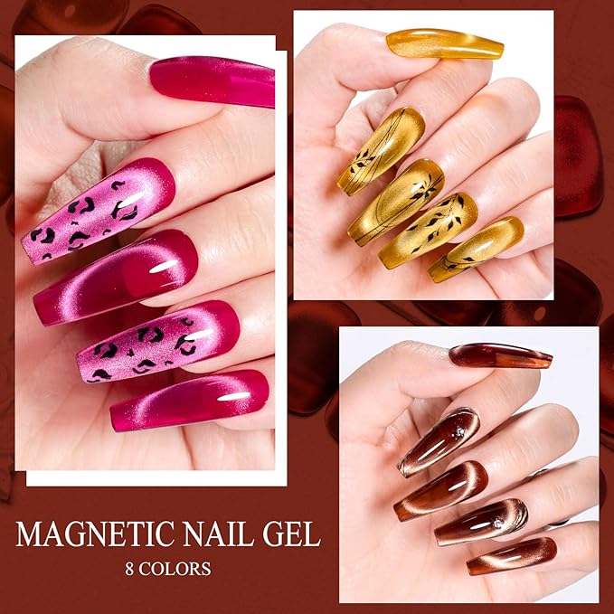 MEET ACROSS Amber Jelly Cat Eye Gel Nail Polish Set of 8 Colors Caramel Crystal Brown Shimmer Translucent Sheer Magnetic Nail Polish Kit with Base Top Coat and Magnet Gel Nail Art Manicure