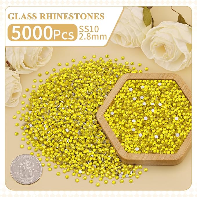 5000PCS SS10/2.8mm Crystal Rhinestones (Lemon Yellow) with 2Pcs 10ml B7000 Jewelry Glue, Bedazzling Flatback Glass Rhinestones for Crafting, Gems Diomand Charms for Tumbler Shoes Clothing Nail Art