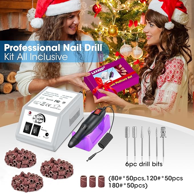 LAVAED Professional Electric Nail Drill Machine Kit - Low Noise Vibration with 156pcs Sanding Bands for Acrylic Nail Drill, Gel Art Remover, Polisher, Manicure, Pedicure