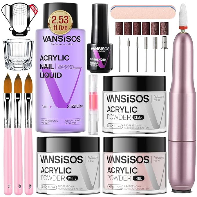 Acrylic Nail Kit with Drill: Complete Set with Everything for Beginners and Women at Home Salon - Including Clear White Pink Acrylic Powder and Liquid and Brushes for Extensions