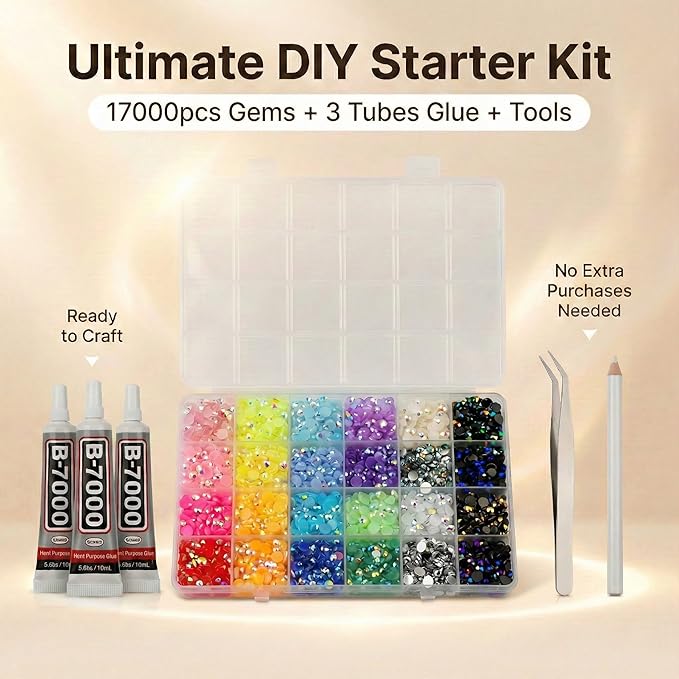 17000Pcs Rhinestones for Bedazzling, 4mm Bedazzler Kit with Flatback Rhinestones for Clothes Crafting Crafts Nails Clothing, Flat Back Resin Rainbow Colorful Colored Crystal with B 7000 Glue Clear