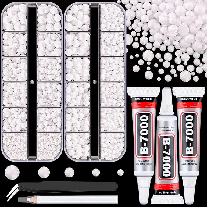 Resin Rhinestones for Crafting with B7000 Jewelry Glue, 2 Boxes White Flatback Crystals with 3Pcs 10ml Glue for Bedazzling Crafts DIY Nail Art Makeup，Non Hotfix Gems for Clothing Shoes