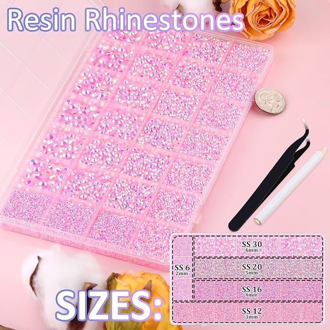 30000Pcs Resin Rhinestones for Bedazzling with Tweezers, Light Pink AB Rhinestones for Crafting with B7000 Jewelry Glue for DIY Crafts Clothing Tumblers Shoes Fabric Nail Art
