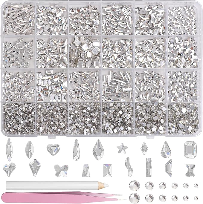 White Nail Art Rhinestones Kit, Multi Shapes Sizes Crystal Flatback Nail Gems Half Round Rhinestones for Nails, White Gems Crystals Rhinestone for Nails Art DIY Supplies Craft