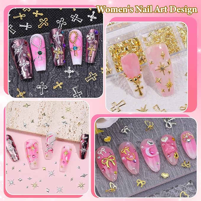 5 Boxes Gold and Silver Nail Charms, 3D Star Cross Nail Charms, Gold Silver Metal Nail Art Decoration, Bow Heart Butterfly Crown Caviar Beads Nails Studs with Pickup Tools for Nails Design DIY Craft