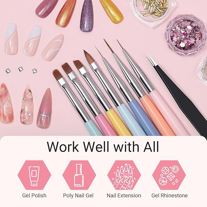 AIRSEE Gel Polish Nail Art Brushes set, 7PCS Nail Art Design Tools with Nail Liner Carved French Dotting Pen Clean Up Brush, DIY Manicure Tools Gift for Women