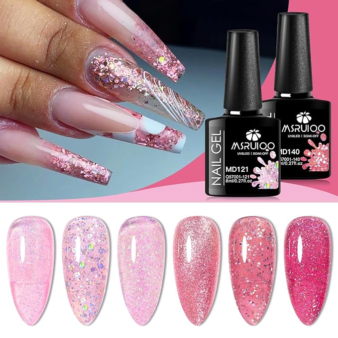 6Pcs Pink Glitter Gel Nail Polish Set Hot Pink Tones Sparkle Gel Polish Bright Pink Nail Polish Gel Suitable for Girls Women Manicure Lovers