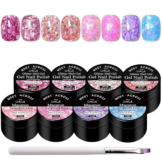 MEET ACROSS 9Pcs Glitter Gel Nail Polish Set with Nail Brush, 8 Colors Including Pink Blue Purple Sequins Gel Polish for Nail Art DIY Manicure Gift for Women