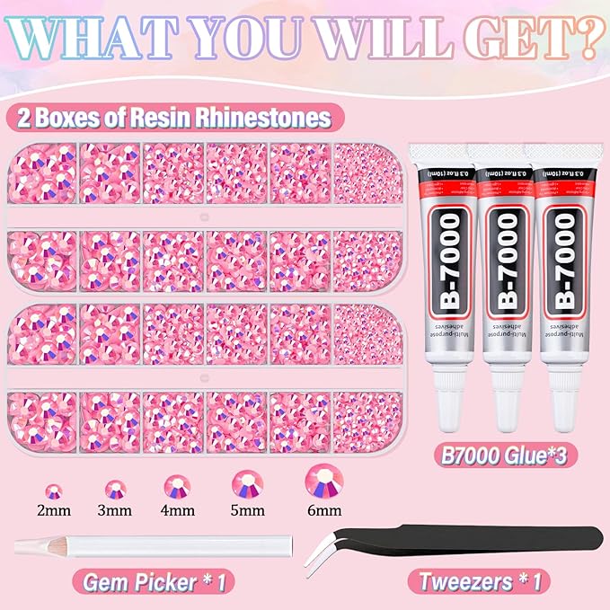 Resin Rhinestones for Crafting with 3Pcs 10ml B7000 Jewelry Glue, 2 Boxes Pink AB Flatback Gems Crystals Diamond for Bedazzling Crafts DIY Nail Art Makeup,Gems for Clothing Tumblers Shoes