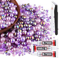 80g Flatback Pearls and Rhinestones for Crafting, Purple 3-10mm Resin Rhinestones and Half Pearls for Bedazzling, Nail Art and Dec with 3pcs 10ml B7000 Jewelry Glue, Tweezer and Pickup Pencil