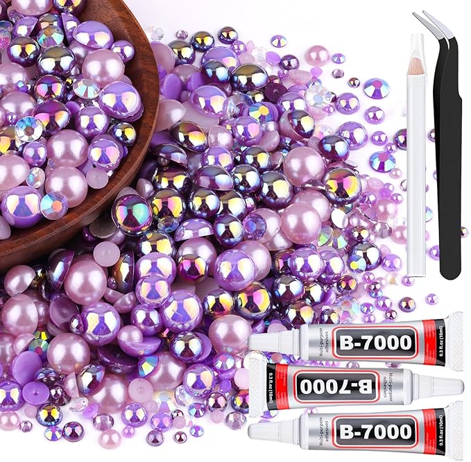 80g Flatback Pearls and Rhinestones for Crafting, Purple 3-10mm Resin Rhinestones and Half Pearls for Bedazzling, Nail Art and Dec with 3pcs 10ml B7000 Jewelry Glue, Tweezer and Pickup Pencil