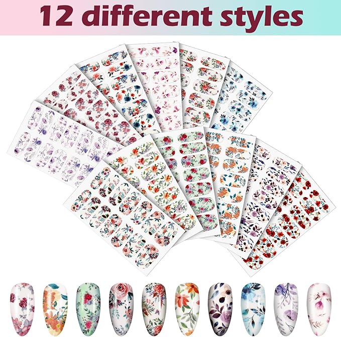 168 Pcs 12 Sheets Full Wraps Nail Polish Stickers Flower Print Self-Adhesive Nail Decal Strips with File Manicure Kits Colorful Flower Full Cover Decal Strips for Women DIY Decoration(Bright Style)