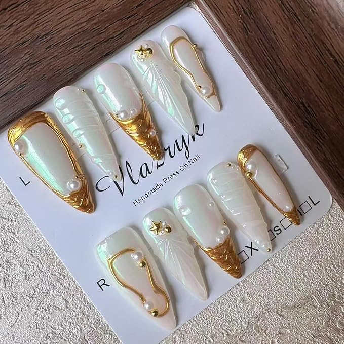 Luxury Handmade Press On Nails, Gold French Tip Long Almond Fake Nails for Women,Minimalist Metallic False Nails, Reusable Salon Quality Multilayer Gel Acrylic Fake Nails.
