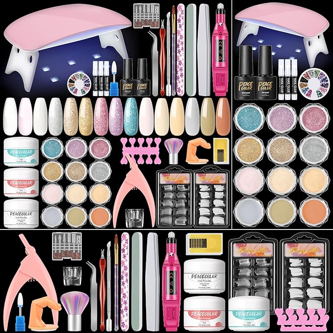 Acrylic Nail Kit for Beginners with Drill U V light, 3pc Acrylic Powder Clear/ Pink /White Set 12Pcs Glitter Powder 200Pcs Fake Tips Nail Starter Kit for Extensions DIY