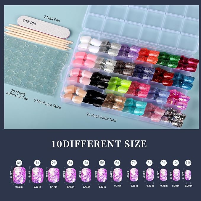 FANDAMEI Press on Nails, 24 Colors 576PCS Short Press on Nails Kit. Glossy Glitter Glue on Nails with Tabs. Fake Nails for Women, Girls, Kids, Teens. Natural Fit Lightweight for Christmas