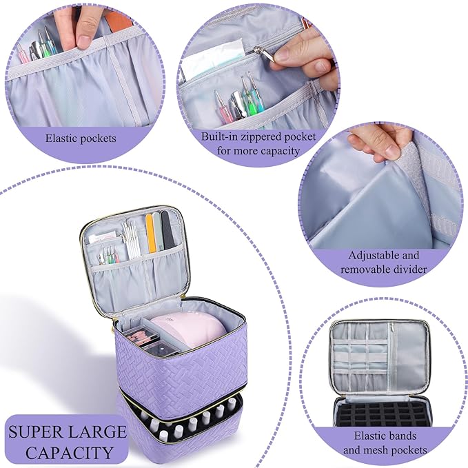 Nail Polish Organizer, Nail Polish Storage Holds 30 Bottles & Nail Lamp, Double Layer Nail Bag Organizer Case, Portable Nail Polish Holder for Nail Tech Travel & Manicure Kit