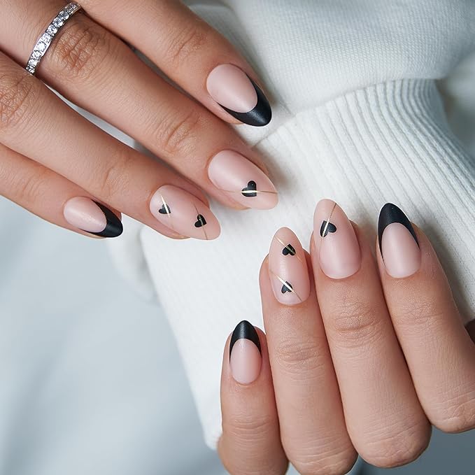 CurvLife Matte Almond Press On Nails for Women, Nude Pink Black French Tip Fake Nails with Hearts, Medium Length Soft Gel Glue On Nails Kit with Nail Glue & Tools, Salon Quality Valentine’s Day Nails