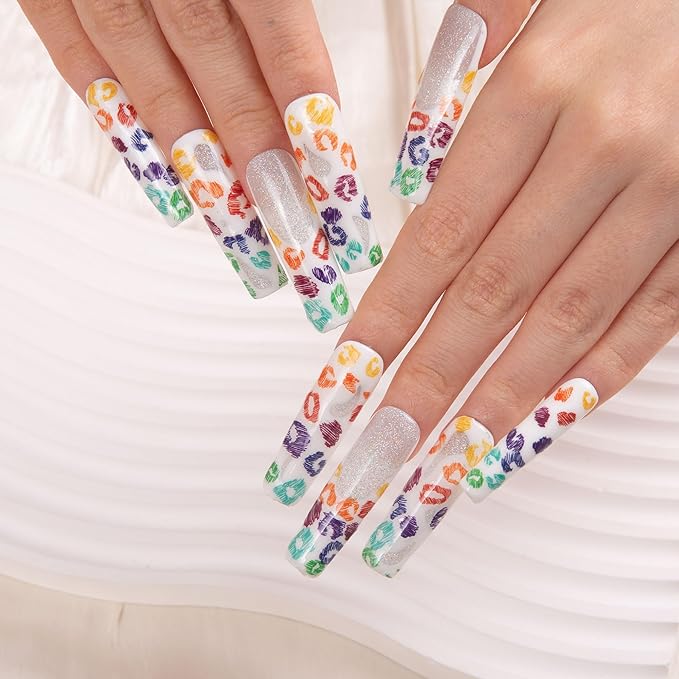 LOVFUL Press on Nails Rainbow Leopard| Handmade with Full Covered Crystals| Reusable Fake Nails| Square Mid length 1.7in| H242-S