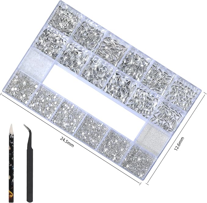 Nail Charms and Gems - 5000 Pcs, 20 Types, 20 Sizes, with Kit, Nail Rhinestones, Faux Pearls, Beads, for Nail Art (Clear)