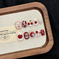 Handmade Press on Nails Short Square Fake Nails Christmas French Tip with 3D apple cherry Snowman Designs Red Glitter Cute Acrylic Nails for Women 10pcs (Size M）