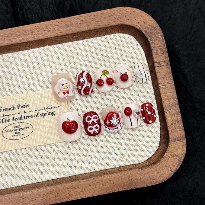 Handmade Press on Nails Short Square Fake Nails Christmas French Tip with 3D apple cherry Snowman Designs Red Glitter Cute Acrylic Nails for Women 10pcs (Size M）