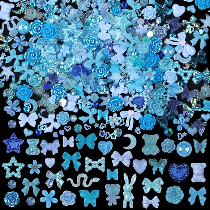 100 Pieces 3D Resin Butterfly Bear Nail Charms Rose Flower Peach Skirt Bow Deer Snake Rabbit Animal Shaped Nail Art Rhinestones Pearls for DIY Nail Art Decoration Making Craft (Blue)