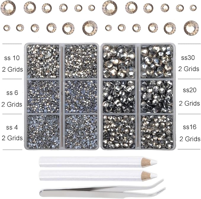 10000Pcs 2-Boxes Mixed Size Hot Fix Round Crystals Gems Glass Stones Hotfix Flat Back Rhinestones with Tweezers and Picking Pencil (Black Diamond)