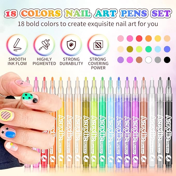 18 Colors Nail Art Pen Set,Nails Art Markers Pens for,Quick Dry Nail Doodle Pens for Home & Salon DIY Nail Art