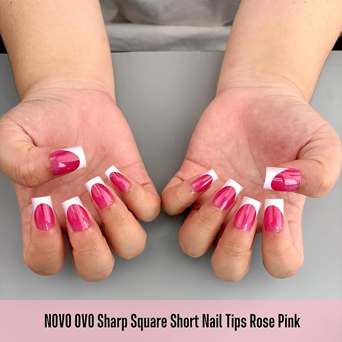 NOVO OVO Short Sharp Square White French Tip Nail Tips Press on ROSE PINK, Need Builder Gel Top Coat Nail Glue, Soft Gel Fake Nail Extension, Full Cover False Nails for Salon DIY x 15 Sizes 240 pcs