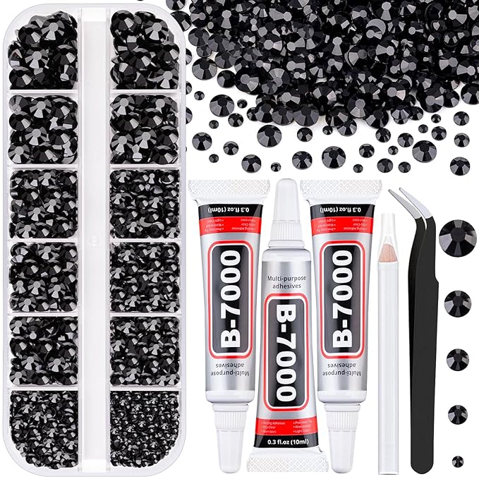 Resin Rhinestones for Crafting with 3Pcs 10ml B7000 Jewelry Glue, 1 Box Black Flatback Gems Crystals Diamond for Bedazzling Crafts DIY Nail Art Makeup, Gems for Clothing Tumblers Shoes