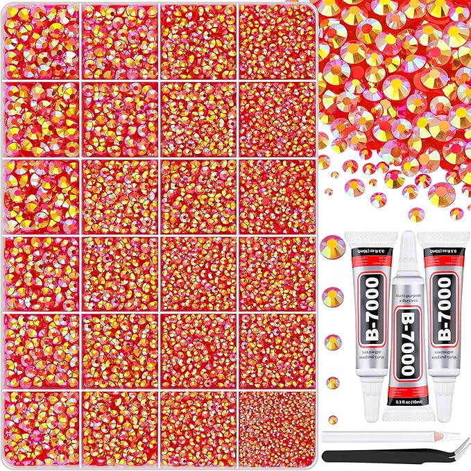 30000Pcs Red AB Rhinestones for Bedazzling with B7000 Jewelry Glue, Bedazzler Kit Bulk Flatback Gems, Resin Rhinestones for Crafting Crafts Clothing Shoes Fabric Nail Art Assorted Size 2/3/4/5/6mm