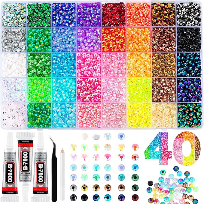 Zefy 40 Colors Resin Jelly Rhinestones for Bedazzling, 5mm 10000 Pcs Flatback Gems for Crafting, Bedazzling Kit with 3Pcs B7000 Glue for Clothing Shoes Nail Book Diamond Art