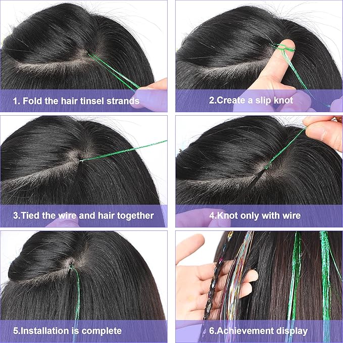 FEBSNOW 47Inches Hair Extension Tinsel with Tool 18 Colors 3600 Strands Hair Extension Tinsels Kit Glitter Hair Extensions for Women Girl Hair Accessories for Christmas New Year Wedding Birthday Party