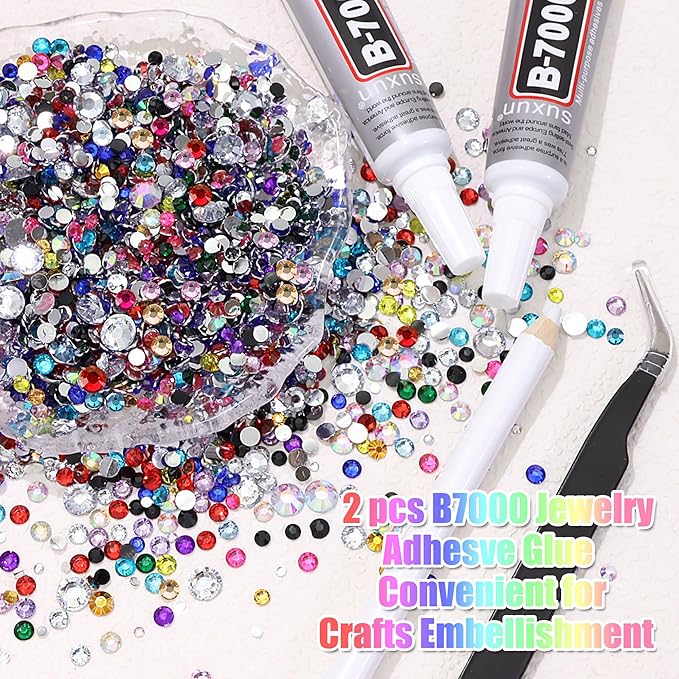 RODAKY 30000Pcs Resin Rhinestone Flatback Crystal Gems Mixed Size AB Clear Rhinestones for Bedazzling Kit with 2PCS 10ml B7000 Glue Tweezers Pen Bedazzled Gem for Crafting
