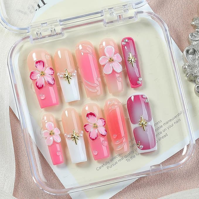 Pink Jelly Handmade Press On Nails 10pcs, Acrylic Square Tips with 3D Floral Art, Sweet Ombre Glossy Design with Pearl, Reusable Full Cover Nails for Romantic Date Night, Parties & Spring Looks