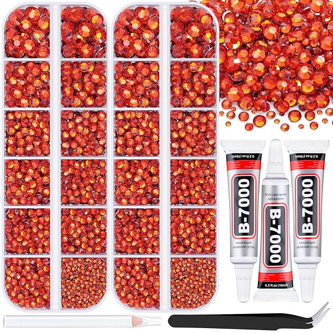 12000Pcs Resin Rhinestones for Bedazzling with 3Pcs B7000 Jewelry Glue, 2 Boxes Red Zircon Flatback Rhinestones for Crafting Crafts DIY, Crystals Gems for Clothing Shoes Tumblers Nail Art Makeup
