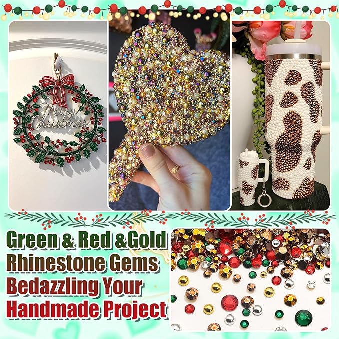 RODAKY 9000PCS Green Red Resin Rhinestones Bedazzling Gems for Craft Gold Silver Flatback Pearls with 2pcs 10ml B7000 Jewelry Glues Tweezers Dotting Pen Christmas Bedazzler Kit