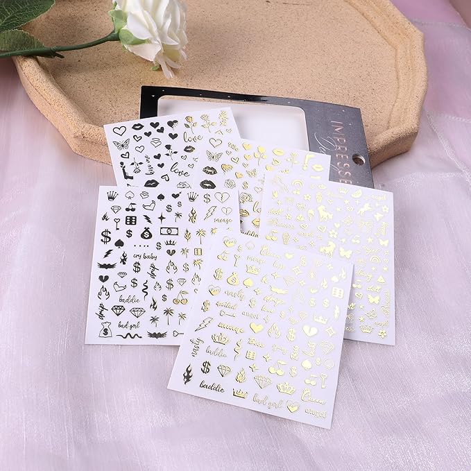 Impressed 5 Sheets Gold Holographic Nail Art Stickers - 500+ Small Customized Nail Decals for Fake Nail Design Decorations – Cute Salon Nails Accessories - Manicure Décor Supplies for Women and Men