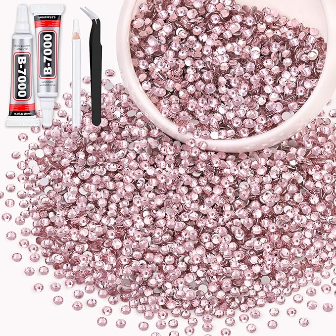5000PCS SS10/2.8mm Crystal Rhinestones (Light Pink) with 2Pcs 10ml B7000 Jewelry Glue, Bedazzling Flatback Glass Rhinestones for Crafting, Gems Diomand Charms for Tumbler Shoes Clothing Mugs Nail Art