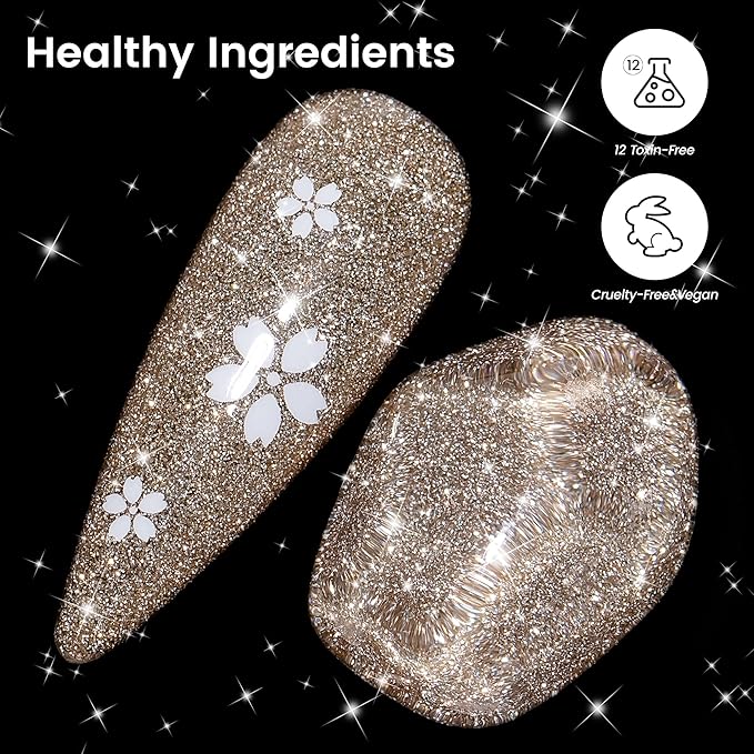 YTD Likomey Reflective Glitter Gel Nail Polish Set,Fall Winter Falsh 8 Colors Holographic Diamond Sparkly Black Silver Gold Blue Red Pink Plum Orange Salon Home UV Color Varnish Gift,0.25 Fl Oz 7.5 ml
