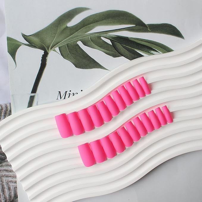 KQueenest Matte Hot Pink Press on Nails Long Medium Square, Neon Pink Fake Nails Medium Coffin, Sheer Color Acrylic Nails Press ons, Reusable Soft Gel Glue on Nails for Women Fall Winter