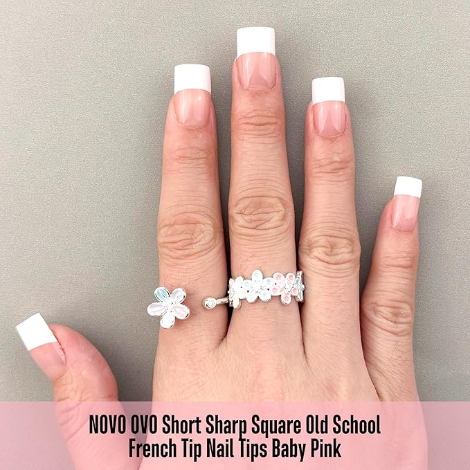 NOVO OVO Old School Wide White French Short Sharp Square Tip Nail Tips Press on BABY PINK, Need Builder Gel Top Coat Nail Glue, Soft Gel Full Cover Fake Nail Extension, for DIY x 15 Sizes 240 pcs
