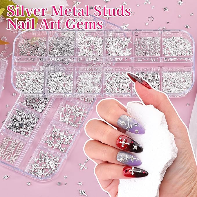 6 Boxes 3D Metal Nail Art Charms, Gold Silver Black Star Cross Nail Studs Metallic Caviar Beads for Nails Design Y2K Charms Punk Nail Chains Nail Decorations with Tweezers for DIY Manicure Supplies