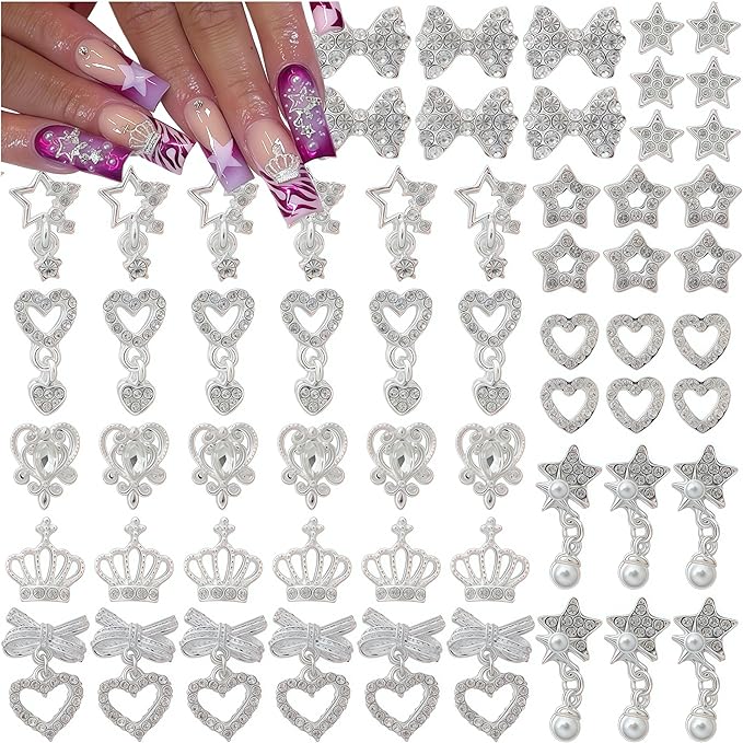 60PCS Nail Charms and Gems Sliver Rhinestones for Nails Design，3D Heart Star Crown Bow Y2k Nail Jewels Bulk Nail Art Decor Set