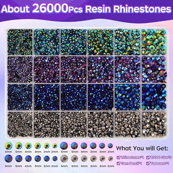 26000PCS Black AB Blue Purple Resin Flatback Rhinestones for Crafting, Resin Rhinestones for Bedazzling Kit, 2/3/4/5/6mm Flatback Gems Jewels for DIY Mugs Tumblers Clothing Shoes Nail Art