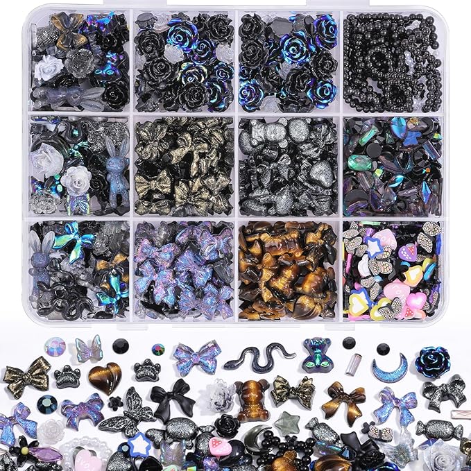 850 Pieces 3D Butterfly Rose Flower Bow Rabbit Bear Nail Charms Kit with Nail Art Rhinestones Pearls Crystal Gems Nail Slices for Manicure DIY Crafts Jewelry Accessories (Black)