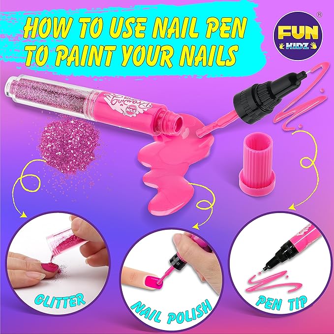 Craft Nail Pens Kit for Kids Ages 7-12, FunKidz Nail Set with Nail Polish Glitter Sticker Temporary Makeup Nails Kit for Girl Teens Party Activities Gifts
