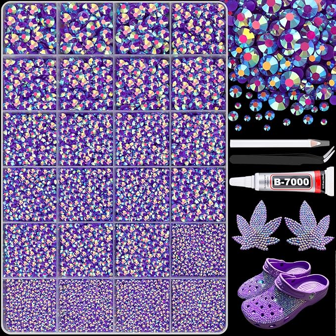 25000Pcs Dark Purple AB Rhinestones for Bedazzling with B7000 Jewelry Glue, Non Hotfix Flatback Gems, Crystal Resin Rhinestones for Crafting Crafts Clothing Tumblers Mugs Shoes Fabric Decor Nail Art